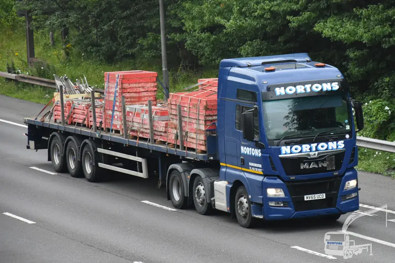 Flatbed lorry delivering palletised goods on the motorway