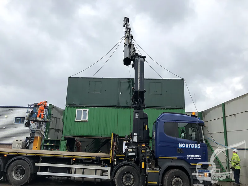 Hiab hire Birmingham - hiab lorry delivering a container to a West Midlands site