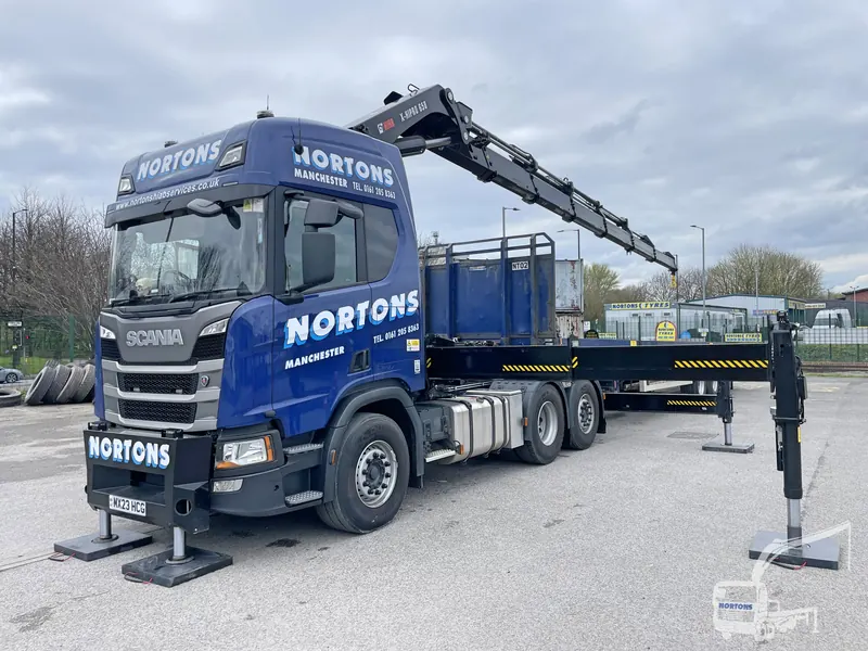 Hiab hire - artic lorry loader with rear mounted crane ready for work