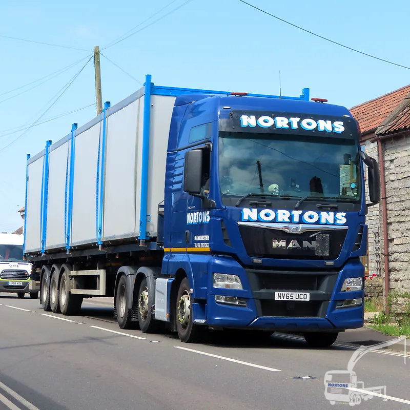 Nortons Hiab Services artic lorry loader on a UK road — ALLMI and FORS accredited fleet